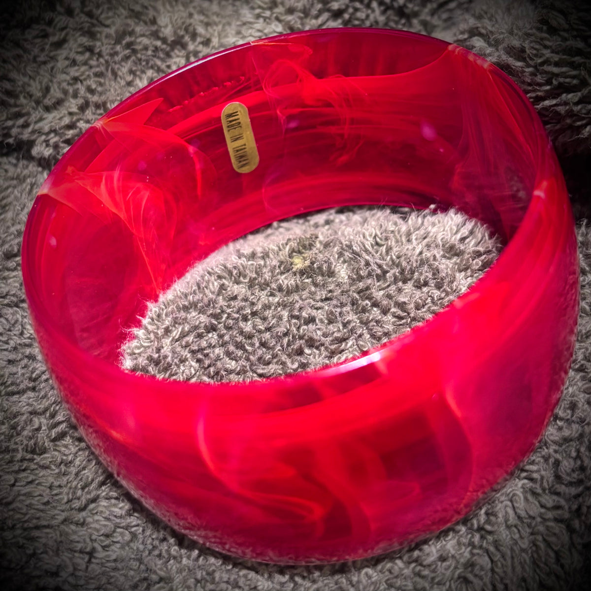 Cherry Red Translucent Wide Statement Bangle Bracelet – Made in Taiwan – Retro Lucite Style