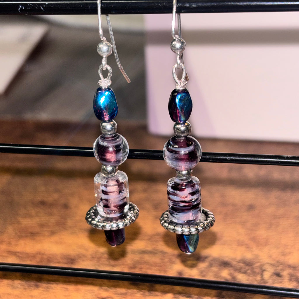 Midnight Amethyst Glass Lantern Earrings | Iridescent Blue Purple Dangles | Handmade Boho Jewelry