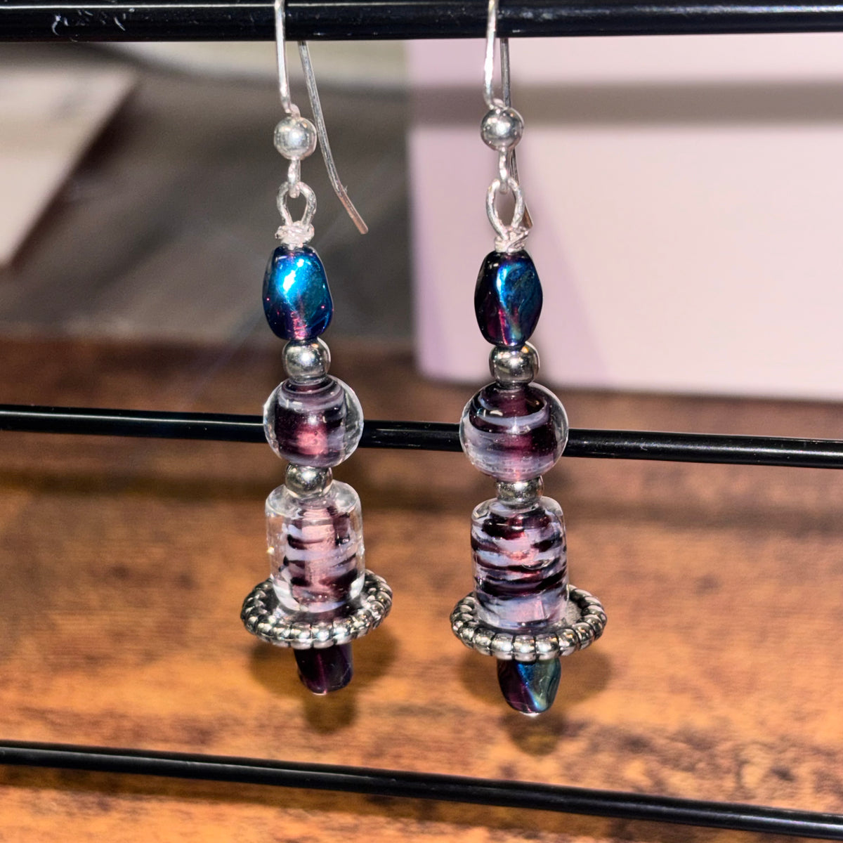 Midnight Amethyst Glass Lantern Earrings | Iridescent Blue Purple Dangles | Handmade Boho Jewelry