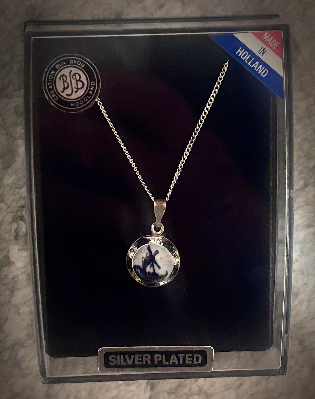 Vintage Made in Holland Silver-Plated Delft Blue Windmill Pendant Necklace | NOS in Original Box