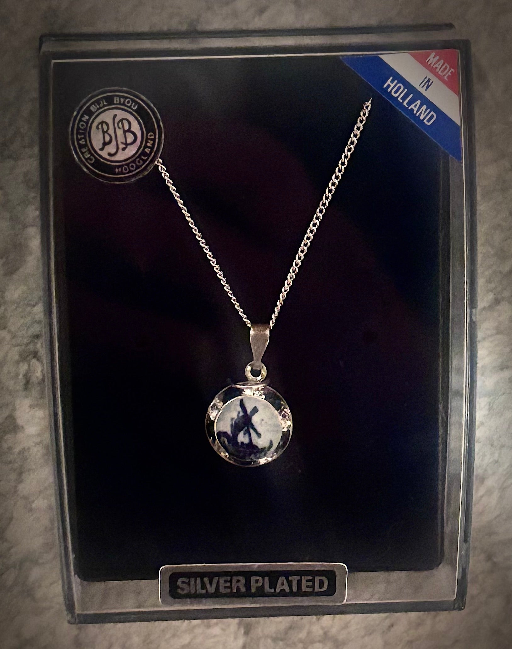 Vintage Made in Holland Silver-Plated Delft Blue Windmill Pendant Necklace | NOS in Original Box