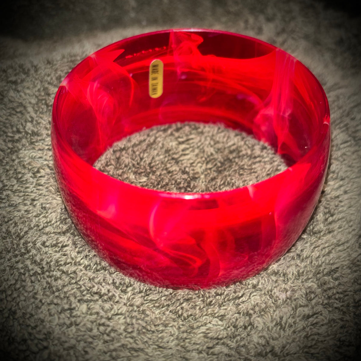 Cherry Red Translucent Wide Statement Bangle Bracelet – Made in Taiwan – Retro Lucite Style