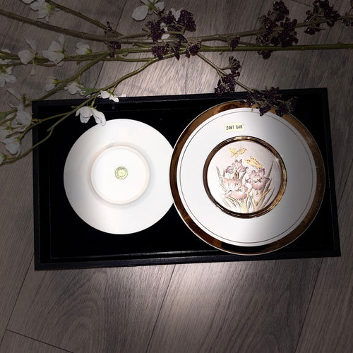 SOLD-Vintage Westland Original 24KT Gold Floral Butterfly Decorative Plate Set – Pair