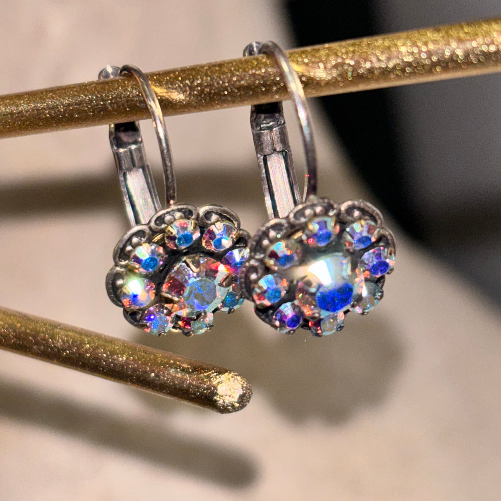 Mariana Dainty Floral Crystal Earrings | Aurora Borealis Vintage Crystals | Silver Tone Leverback Flower Earrings