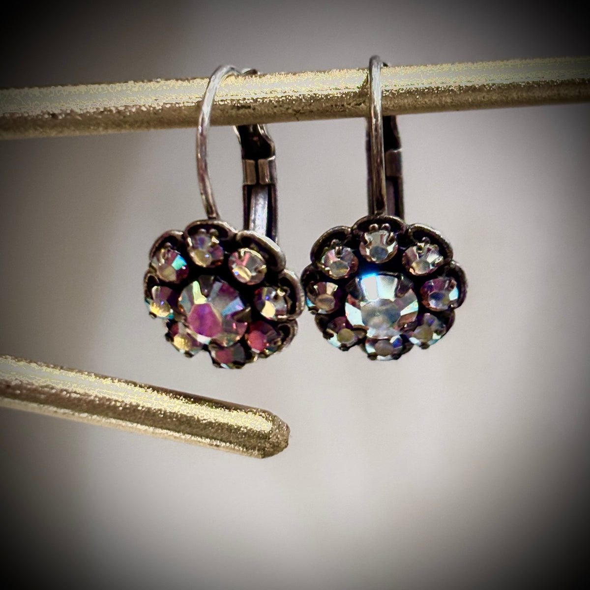 Mariana Dainty Floral Crystal Earrings | Aurora Borealis Vintage Crystals | Silver Tone Leverback Flower Earrings