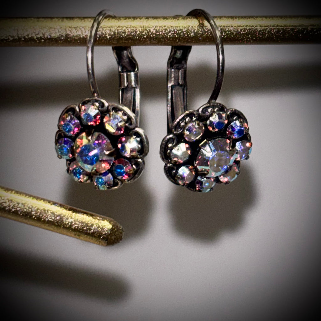 Mariana Dainty Floral Crystal Earrings | Aurora Borealis Vintage Crystals | Silver Tone Leverback Flower Earrings