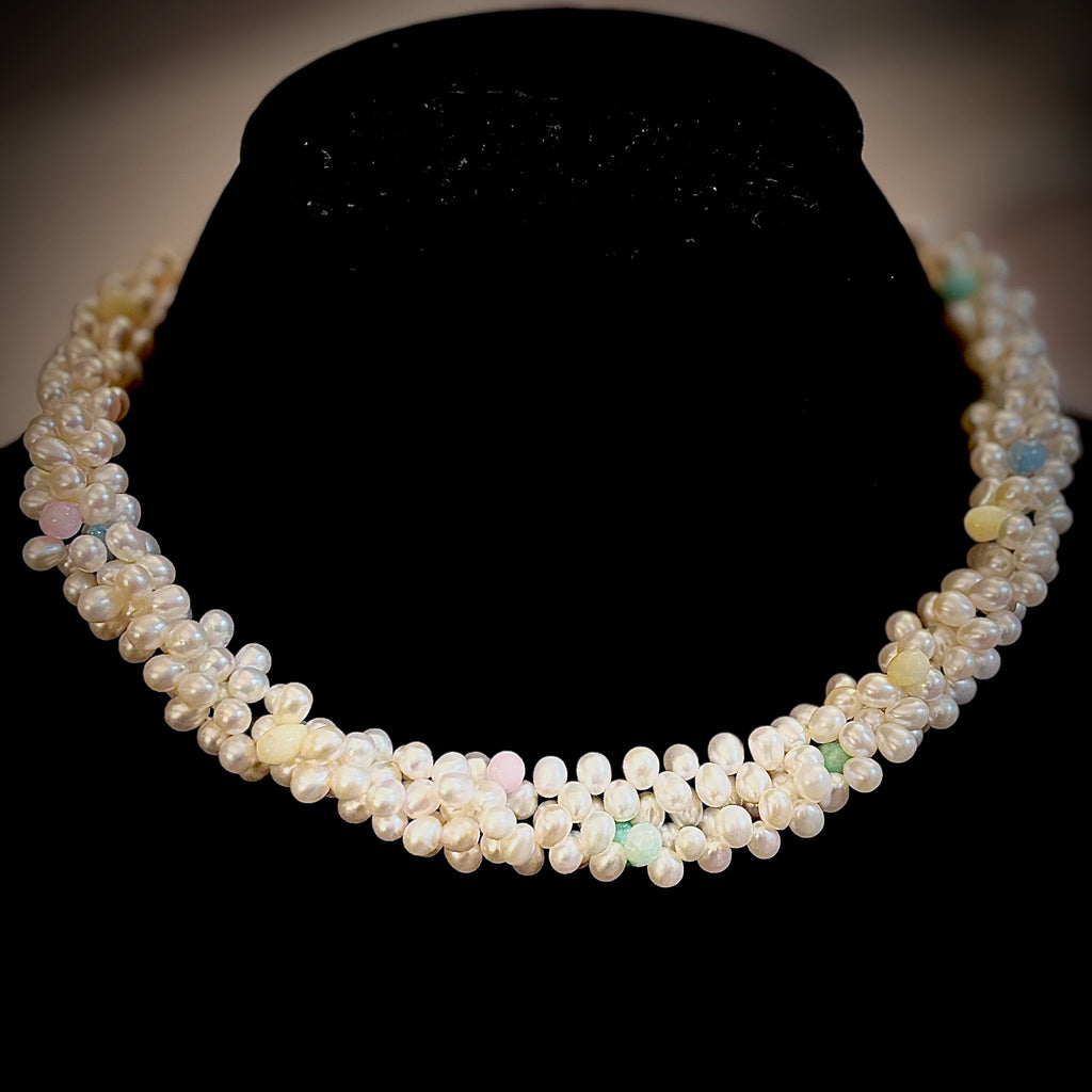 White Vintage Fresh Water Pearls with genuine gemstones|