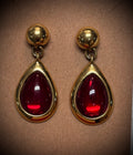 Vintage Signed Napier Ruby Red Teardrop Dangle Earrings | Gold Pierced Studs | Designer Statement Jewelry