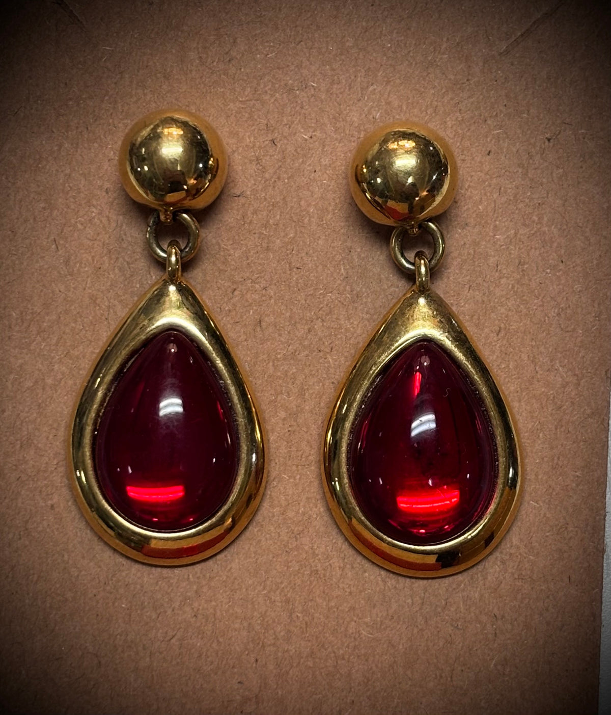 Vintage Signed Napier Ruby Red Teardrop Dangle Earrings | Gold Pierced Studs | Designer Statement Jewelry