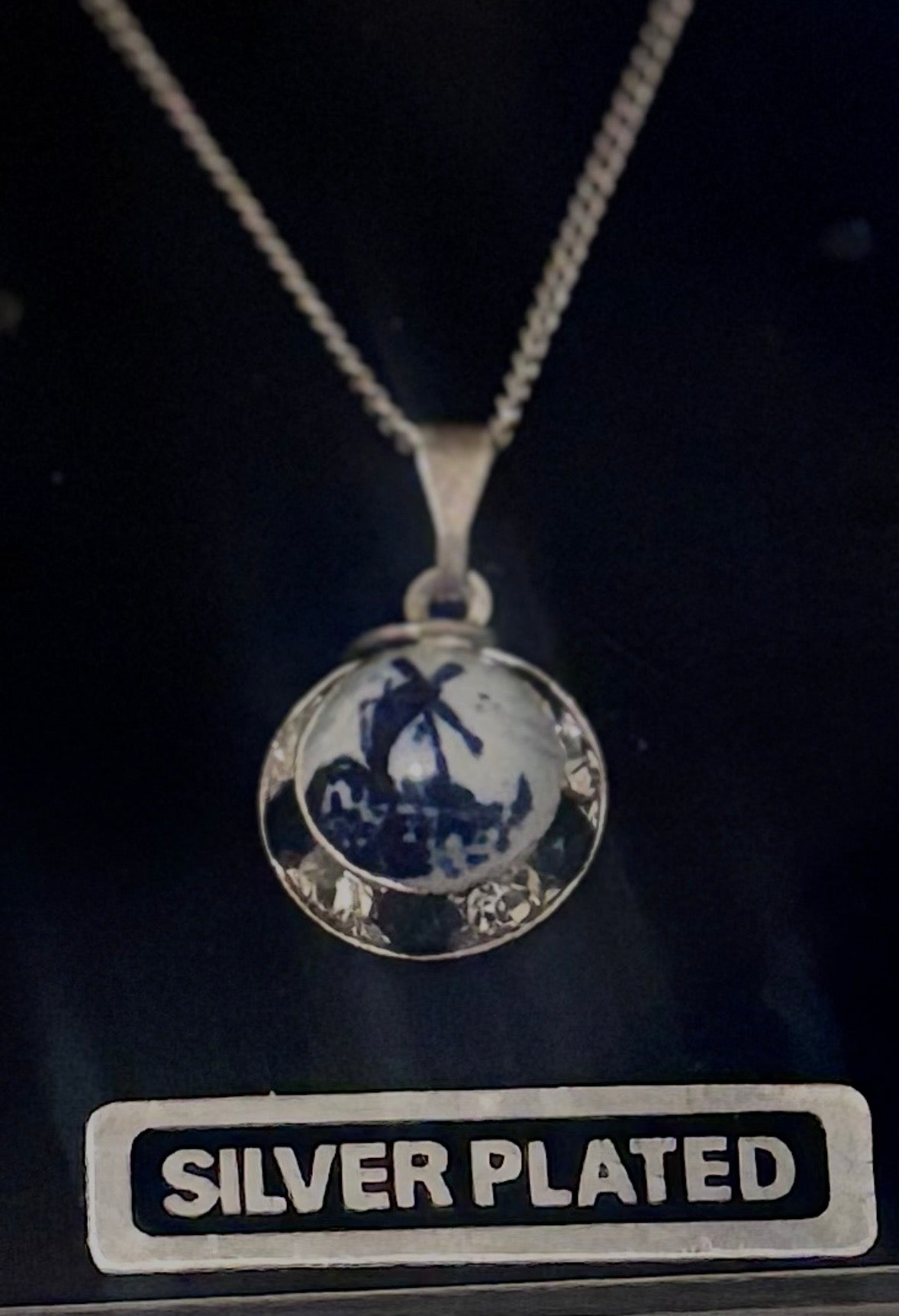 Vintage Made in Holland Silver-Plated Delft Blue Windmill Pendant Necklace | NOS in Original Box