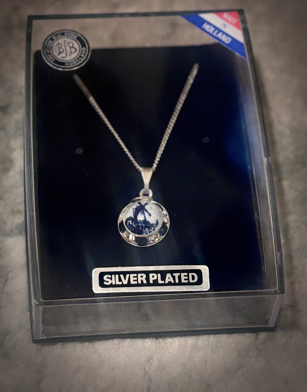 Vintage Made in Holland Silver-Plated Delft Blue Windmill Pendant Necklace | NOS in Original Box
