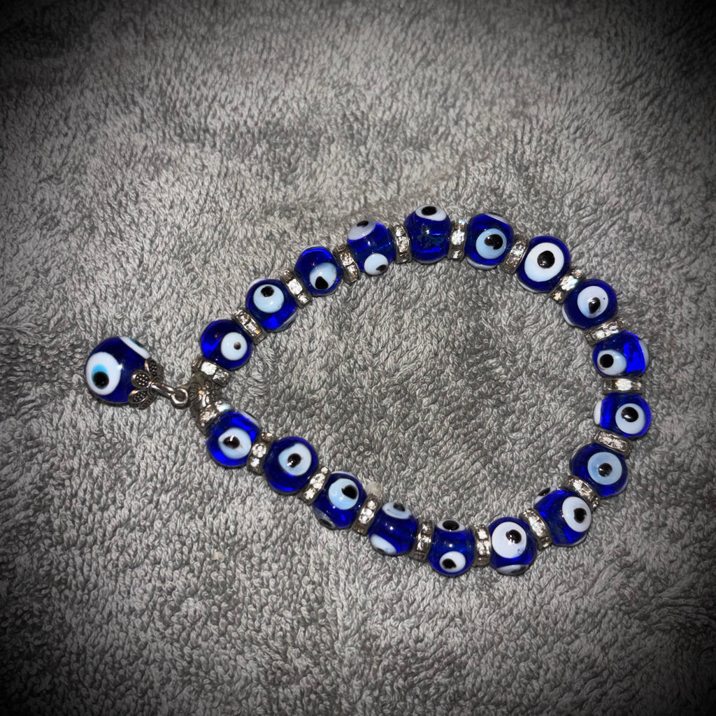 Cobalt Blue Nazar Evil Eye Glass Beaded Bracelet with Sparkling Silver-Tone Accents & Protective Eye Charm