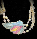 Vintage LEE SANDS Pendant Necklace Tropical Flower Leaf Mosaic Mother Of Pearl