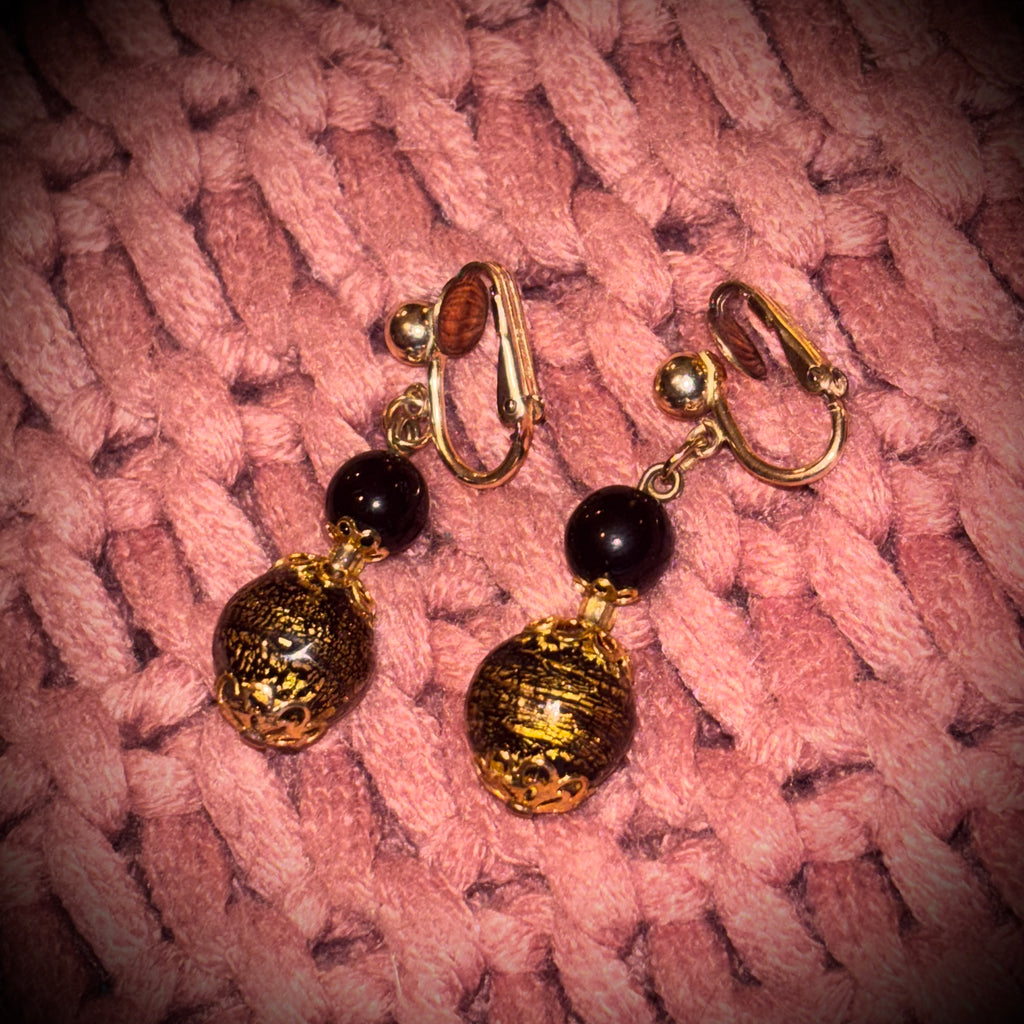 Vintage 1/20 14K Gold Filled Clip On Earrings Black Gold Glass Bead Dangle Mid Century Jewelry