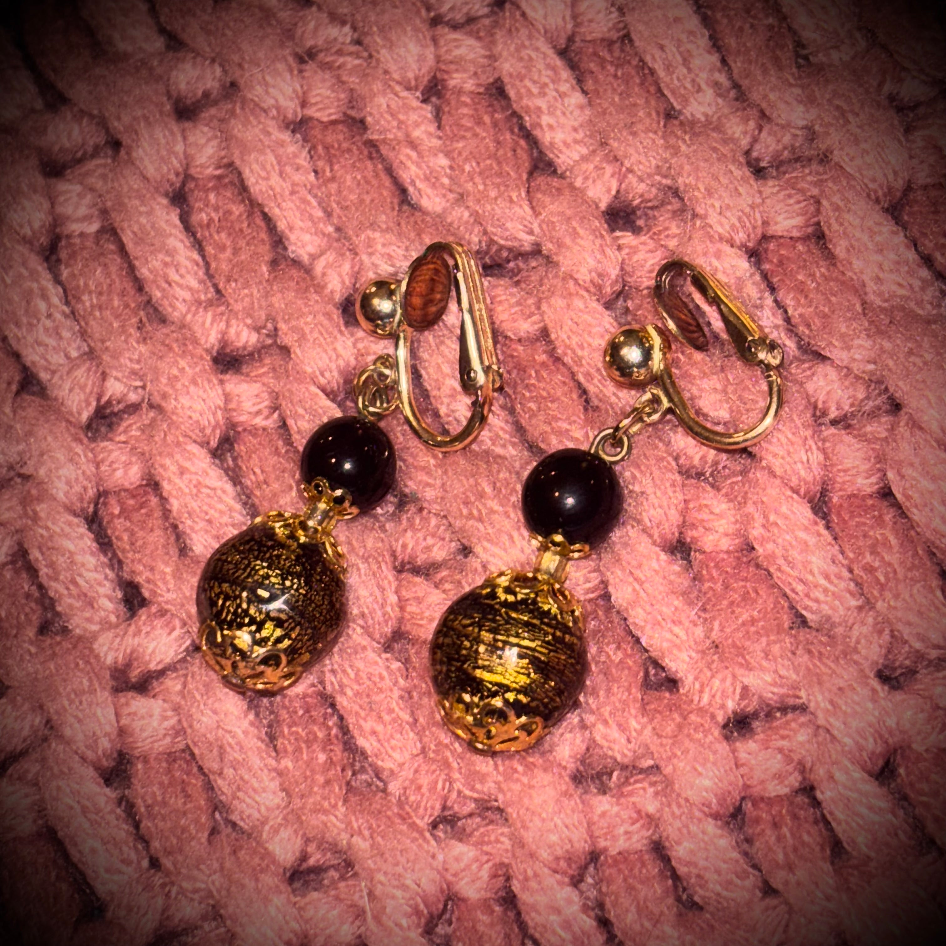 Vintage 1/20 14K Gold Filled Clip On Earrings Black Gold Glass Bead Dangle Mid Century Jewelry