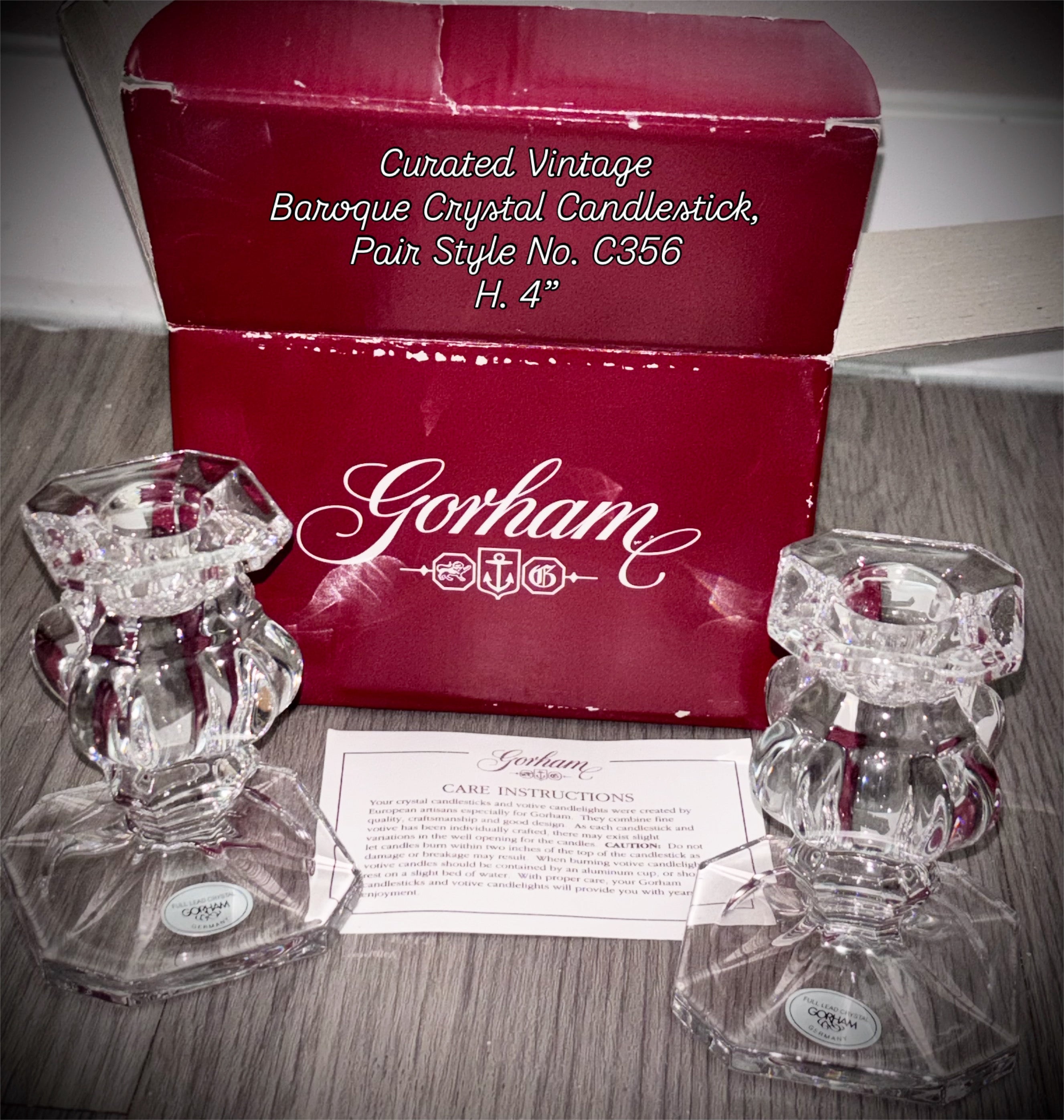 Gorham Baroque Crystal Candlesticks with original box and care instructions