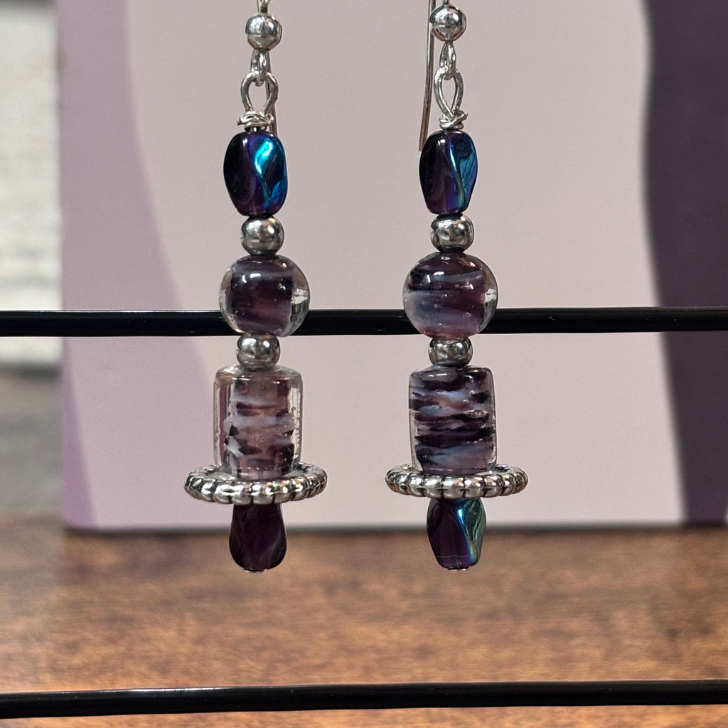 Midnight Amethyst Glass Lantern Earrings | Iridescent Blue Purple Dangles | Handmade Boho Jewelry