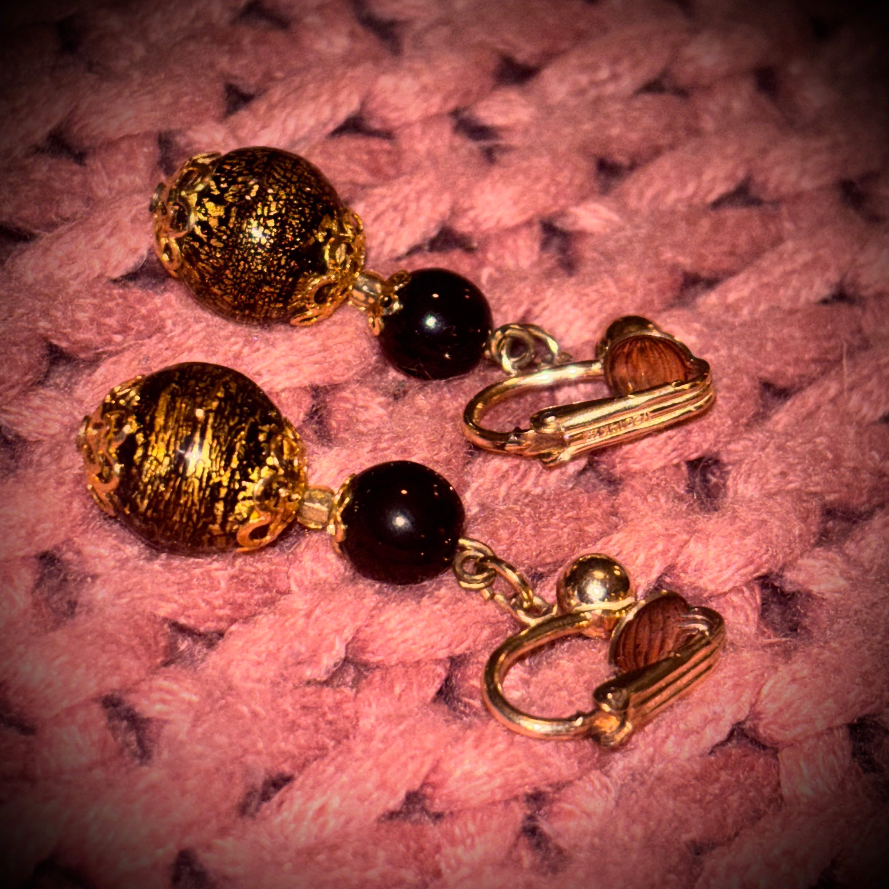 Vintage 1/20 14K Gold Filled Clip On Earrings Black Gold Glass Bead Dangle Mid Century Jewelry